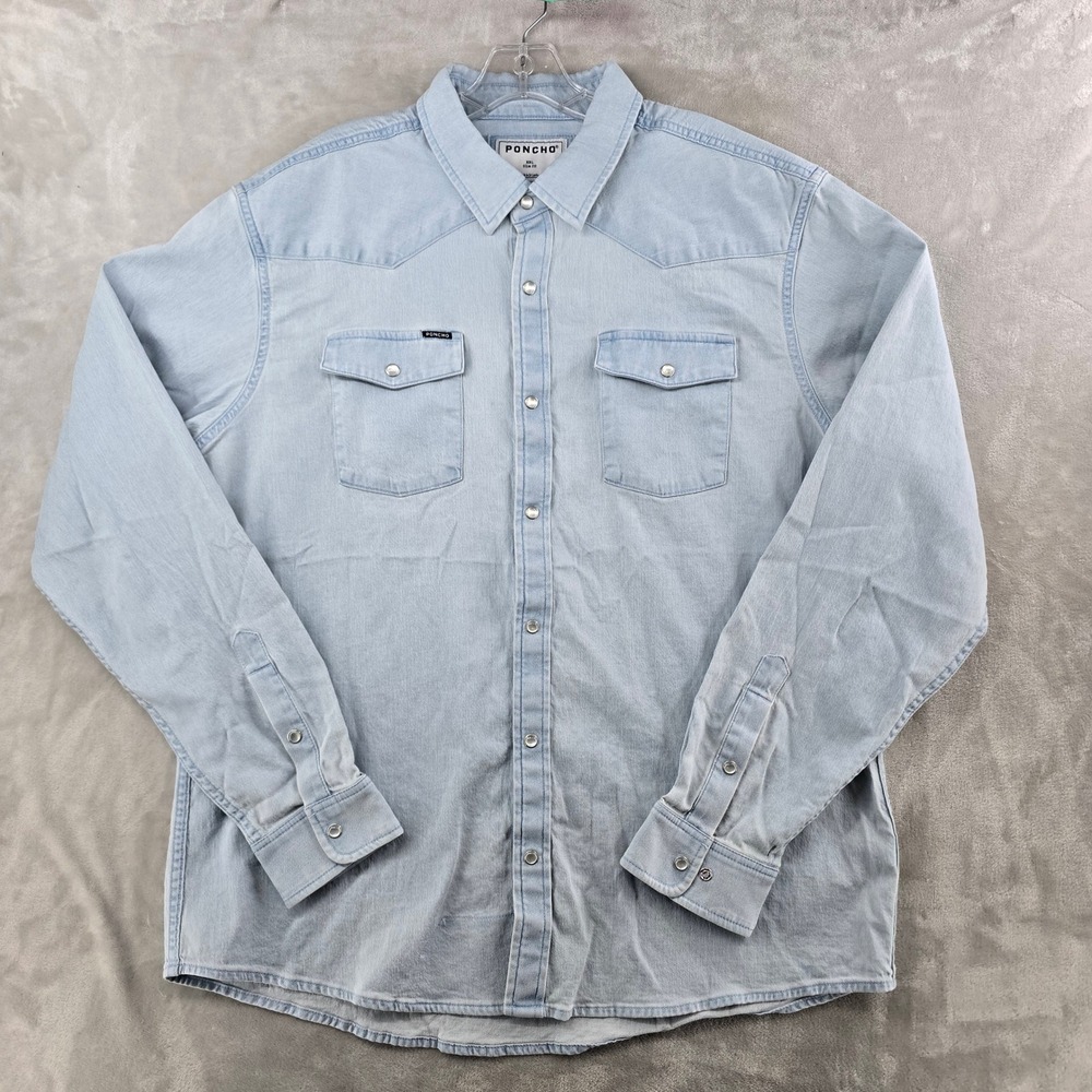 Poncho Denim Western Shirt Mens XXL Slim Light Blue Pearl Snap Long Sleeve